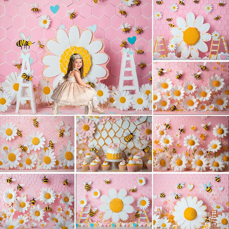 LS Spring Photography Background Pink Beehive Daisy Bee Decor Props Baby Shower Cake Smash Kids Birthday Photo Backdrop Banner