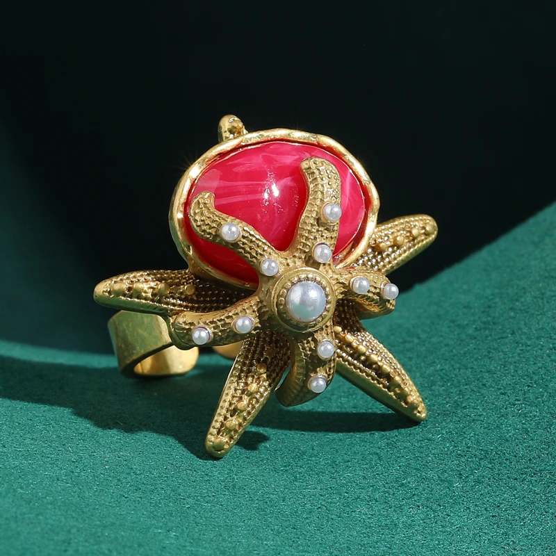 

Starfish Rings Antique Gold Plated Jewelry Large Red Agate Art Deco Natural Pearl Stone Luxury Retro Style For Women 2026 Party