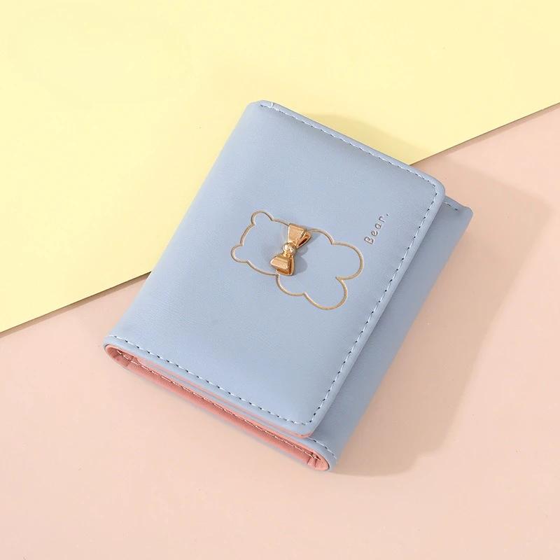 Cute Bear Bow Decor Wallet For Women Fashion PU Leather Short Card Holder Purse Small Money Bag Coin Pocket Fold Clutch