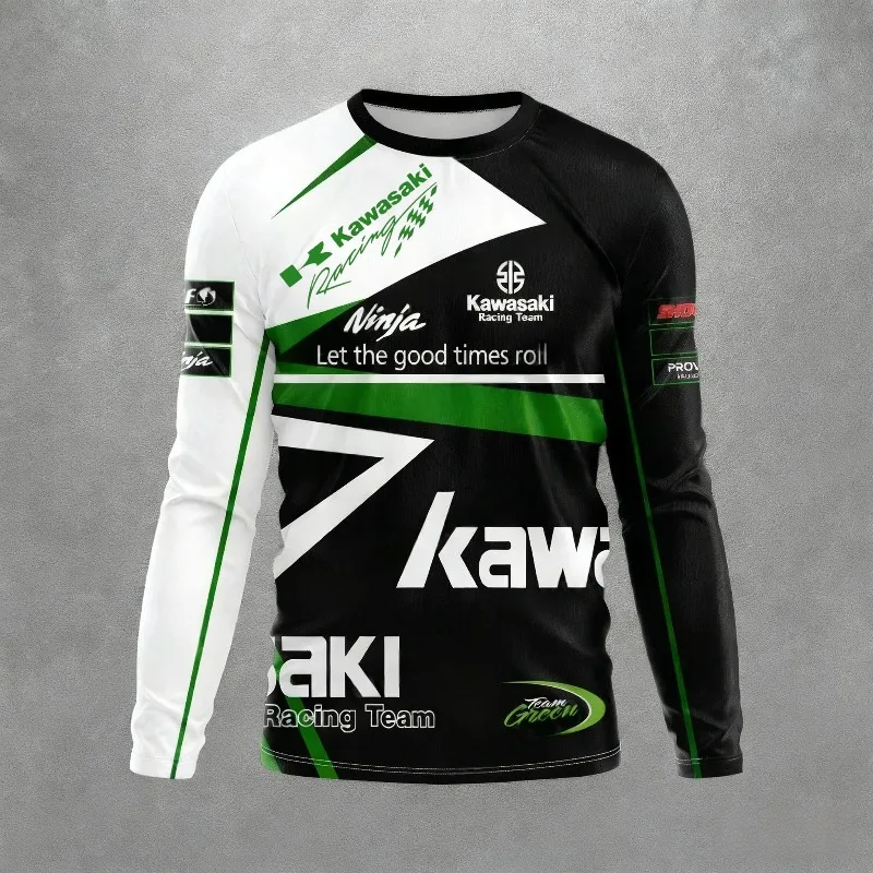 

New 3D Printed Motorcycle Element Kawasaki Men's Long Sleeved T-shirt, Off-road Cycling Quick Drying Breathable Top