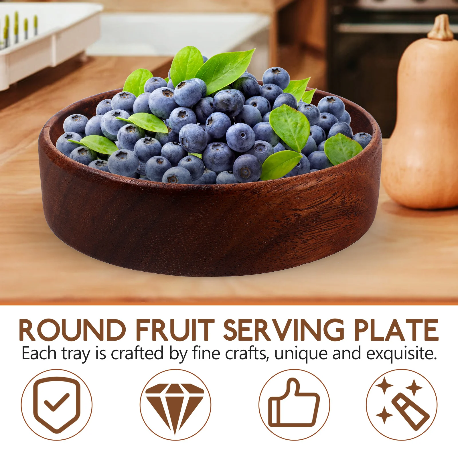 

Round Wooden Fruit Serving Tray Natural Solid Wood Handmade Rustic Style Home Decor Multi Functional Easy Clean