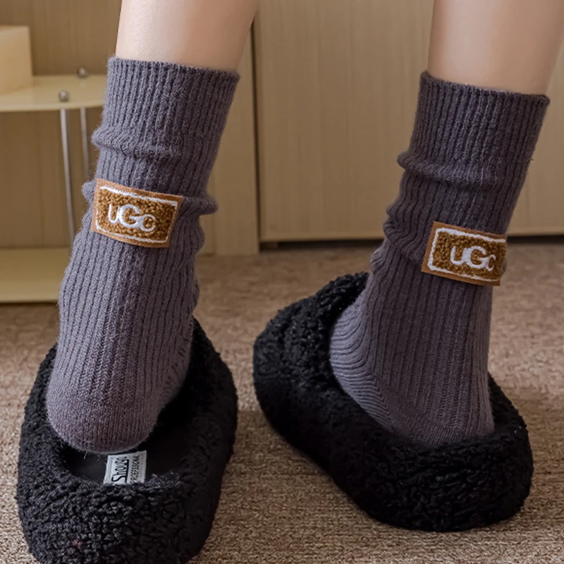 Autumn Winter Knitted Warm Socks Thicken Embroidered Letter Print Solid Mid-Tube Socks Trendy Casual Cozy Snow Boot Pile Socks