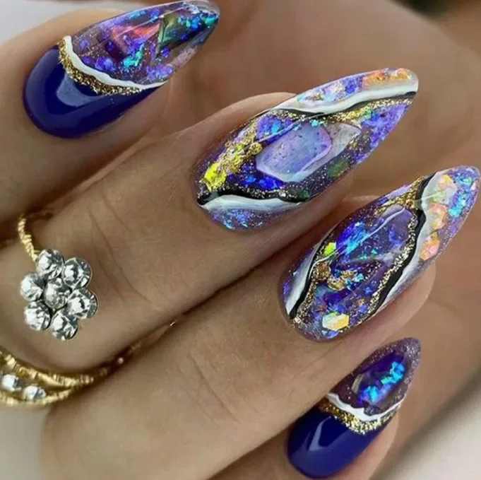 24 pçs glitter pó dourado unhas falsas francesas doce legal azul amêndoa imprensa em unhas cobertura completa acrílico wearable ins unhas falsas