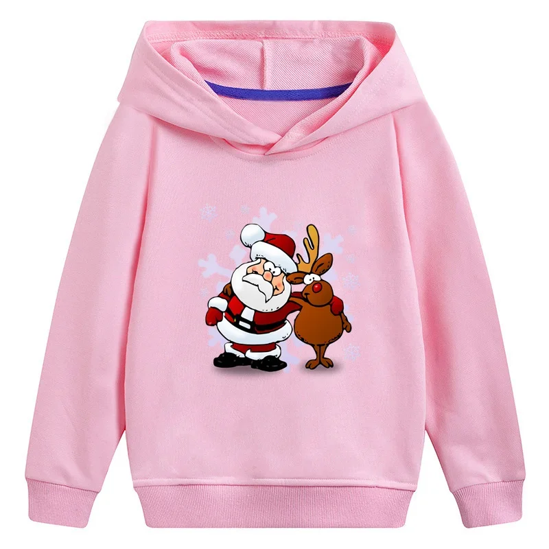 Santa And Deer Merry Christmas Cartoon Kids Hooded Hoodies Funny Girls Clothes Children Sweatshirts Baby Pullover Tops,KMT2022