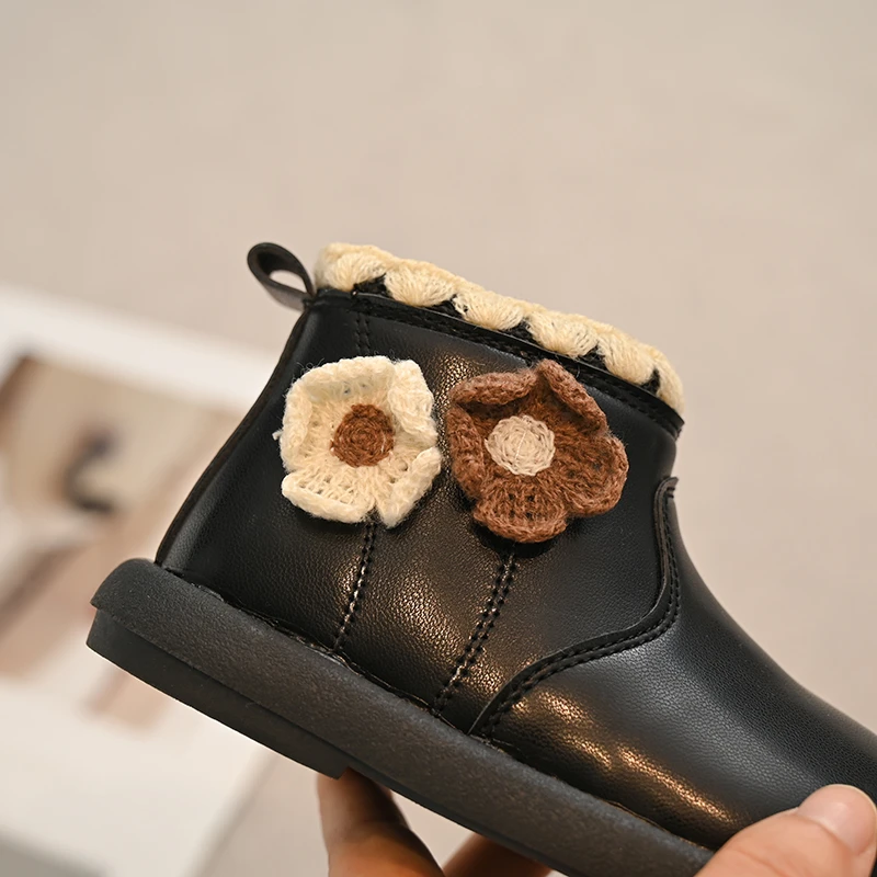 Autumn Winter Baby Girls Snow Boots Children Floral Princess Shoes Windproof Waterproof Non-slip Soft Sole Warm Plush Kids Boots