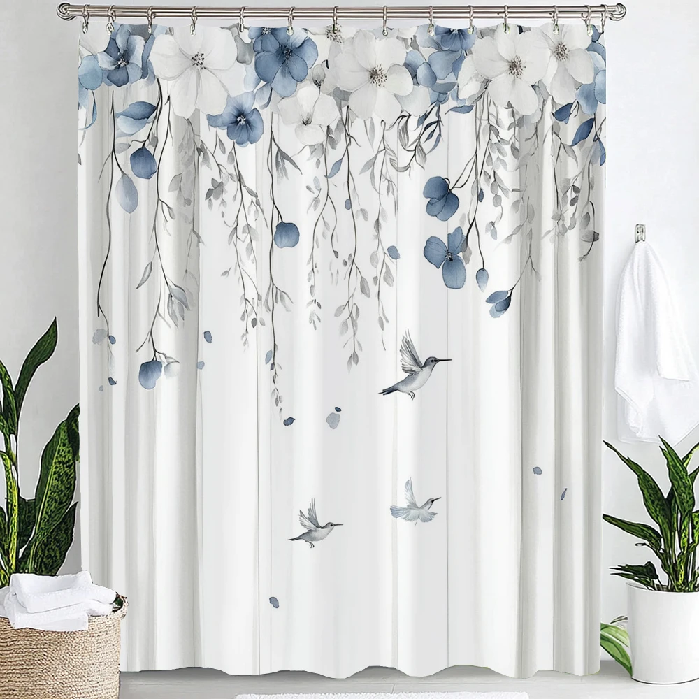 Watercolor Blue White Hanging Floral Leaf Hummingbird Nature Art Pattern Shower Curtain Waterproof Mildew Resistant Polyester Fa