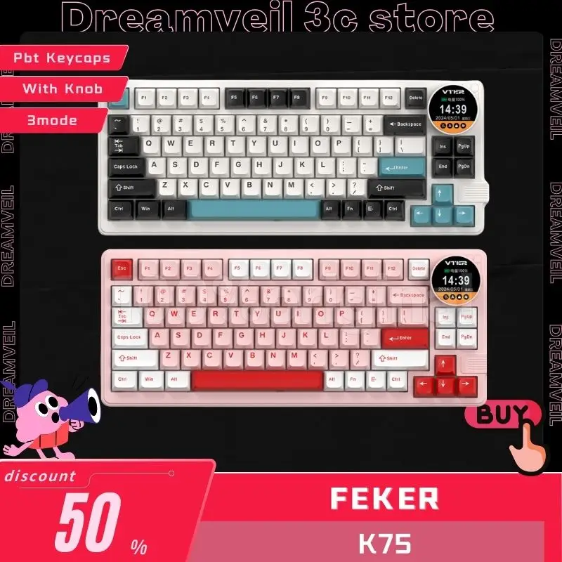 

Feker K75 Gaming Mechanical Keyboard 3mode 83keys 2.4G Bluetooth Wireless Keyboard With Knob Screen RGB Pbt Gamer Keyboards Gif