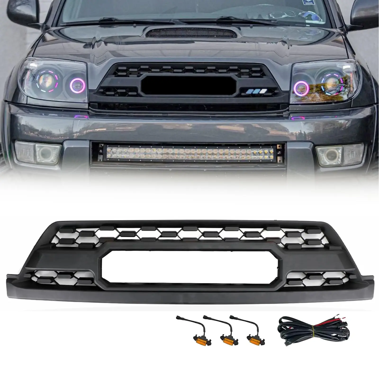 Front Grille for 2003 2004 2005 Toyota HILUX SURF 4Runner Bumper Grille with Letters and 3 LED Lights