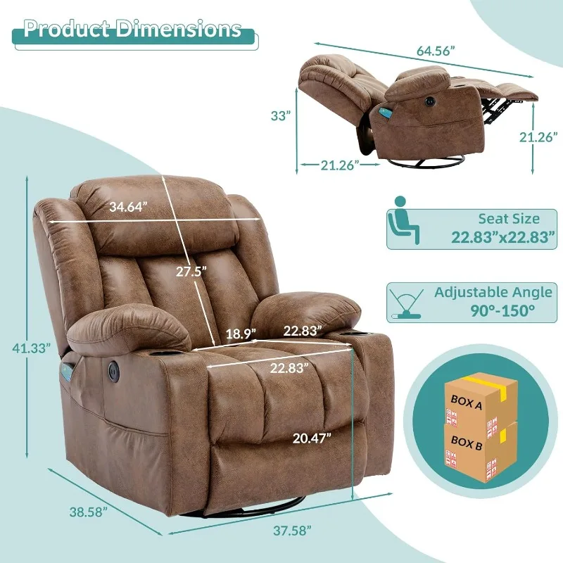 Massage Swivel Rocker Recliner with Heat and Vibration, Manual Glider Rocking Recliner Chair, 360°Swivel Lounge Reclining Chair