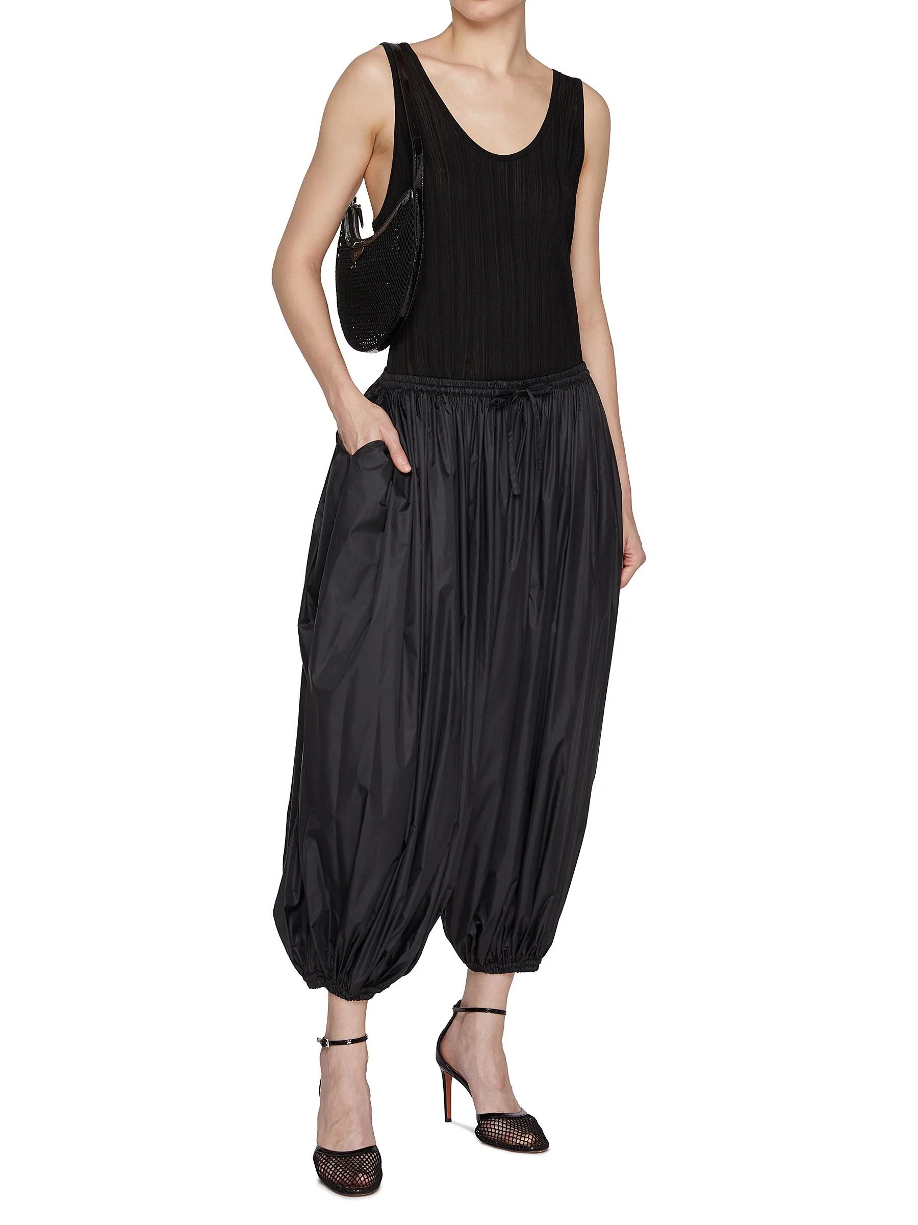 24 spring and summer new black glossy drawstring tie nine-minute wide-leg lantern pants loose drawstring casual library