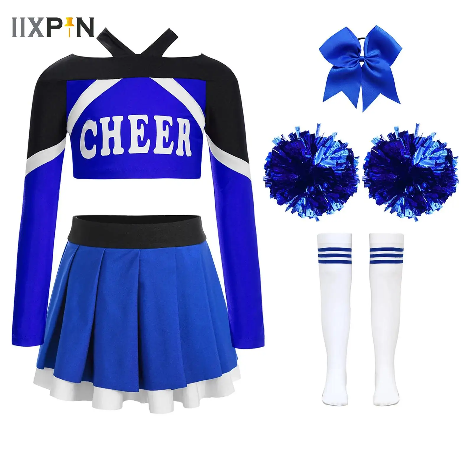 

Big Girls Cheerleading Uniform Set Cheer Letter Print Dance Costume Cheerleader Outfit Top with Skirt Flower Headwear And Socks