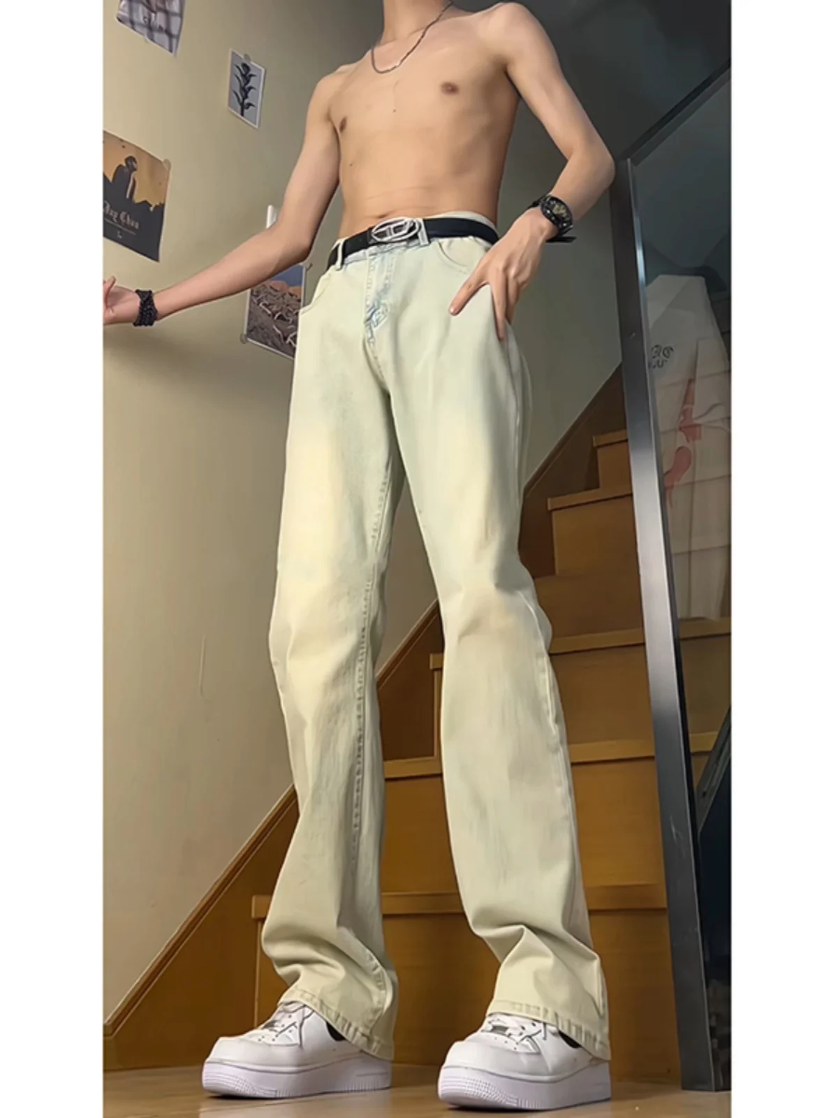 

Waed Yellow Mud Men's Summer Thin Vibe American Retro Slim Fit High Waist Knife Micro Flared Jeans Straight Tube Trousers