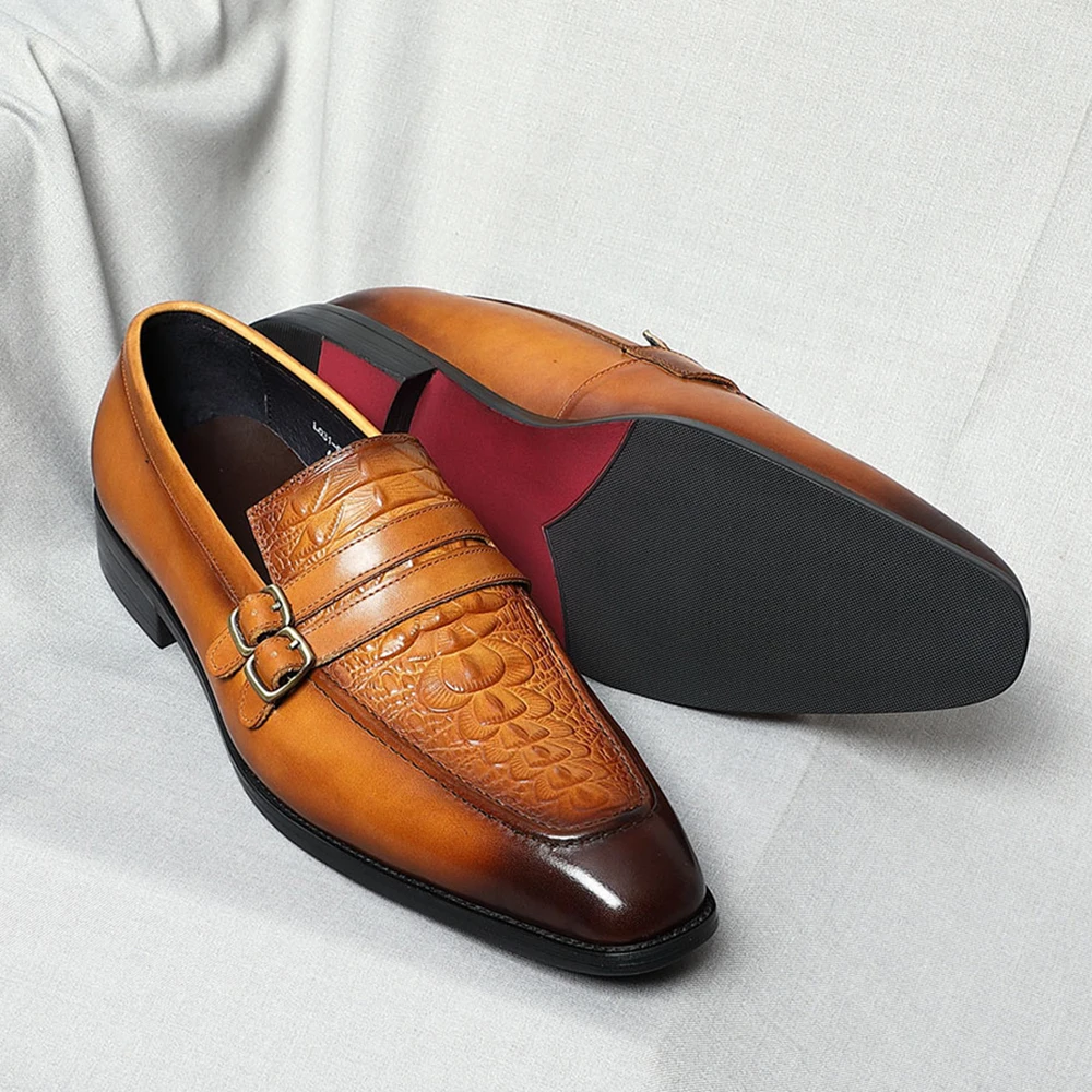 Good Quality Cow Genuine Leather Men's Wedding Dress Loafer Shoes Slip-on Crocodile Print Buckle Pointed Toe Male Footwear