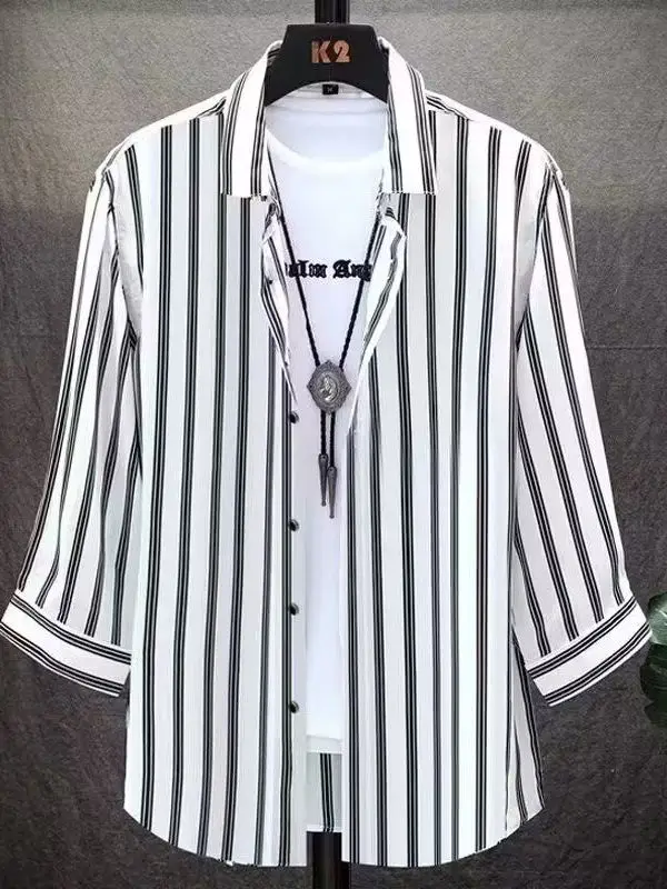 

New 2025 Men's Ice Silk Casual Loose Thin irt Summer Trendy All-Match Lightweight Faionable Ci Sle Long Sve Collar