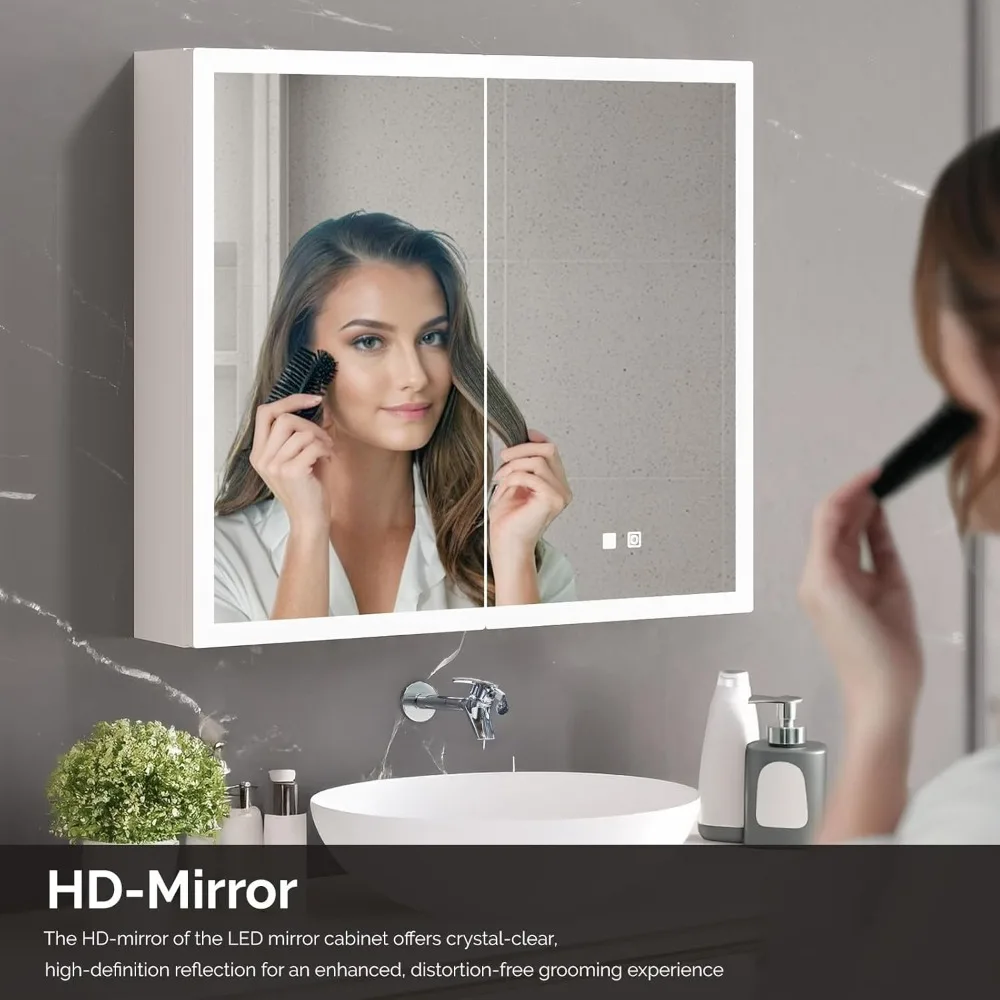 خزانة طبية مضاءة مع مرآة حمام، خزانة طبية مثبتة على الحائط مع أضواء تخزين LED لشحن ثابتة