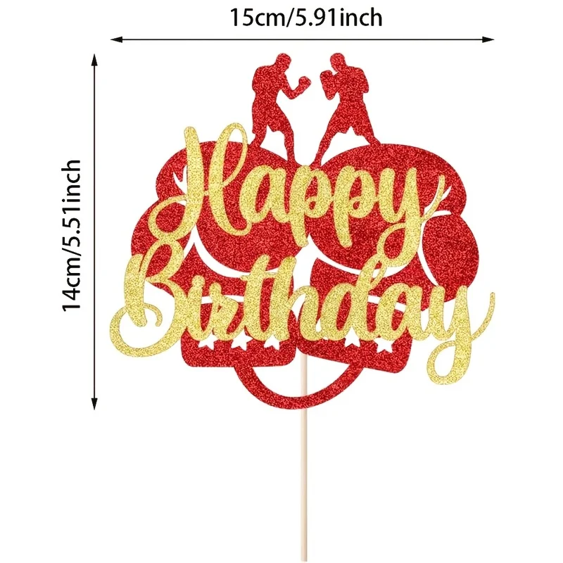 Boxer Happy Birthday Cake Pick, Red Gold Glitter Boxing‑Theme Cake Topper, Athlete Sports Themed Birthday Dessert Decorations