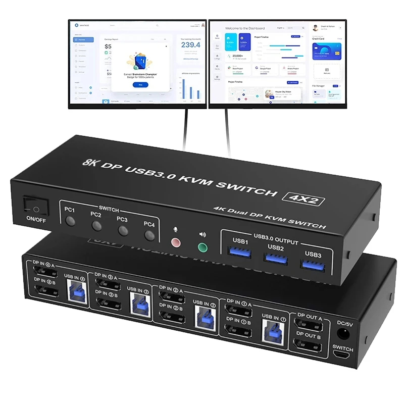 8K DP KVM USB 3.0 Switch 4x2 Dual Monitor Displayport 1.4 KVM Switch 4 in 2 out Extended Display for 4 PCs Share Keyboard Mouse