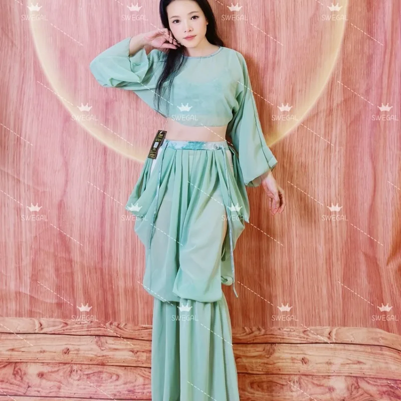 مخصص swegal 4 قطع ملابس الرقص الشرقي ممارسة الرقص الشرقي زي الشيفون فانوس السراويل الشرق الأوسط زي المياه الخضراء