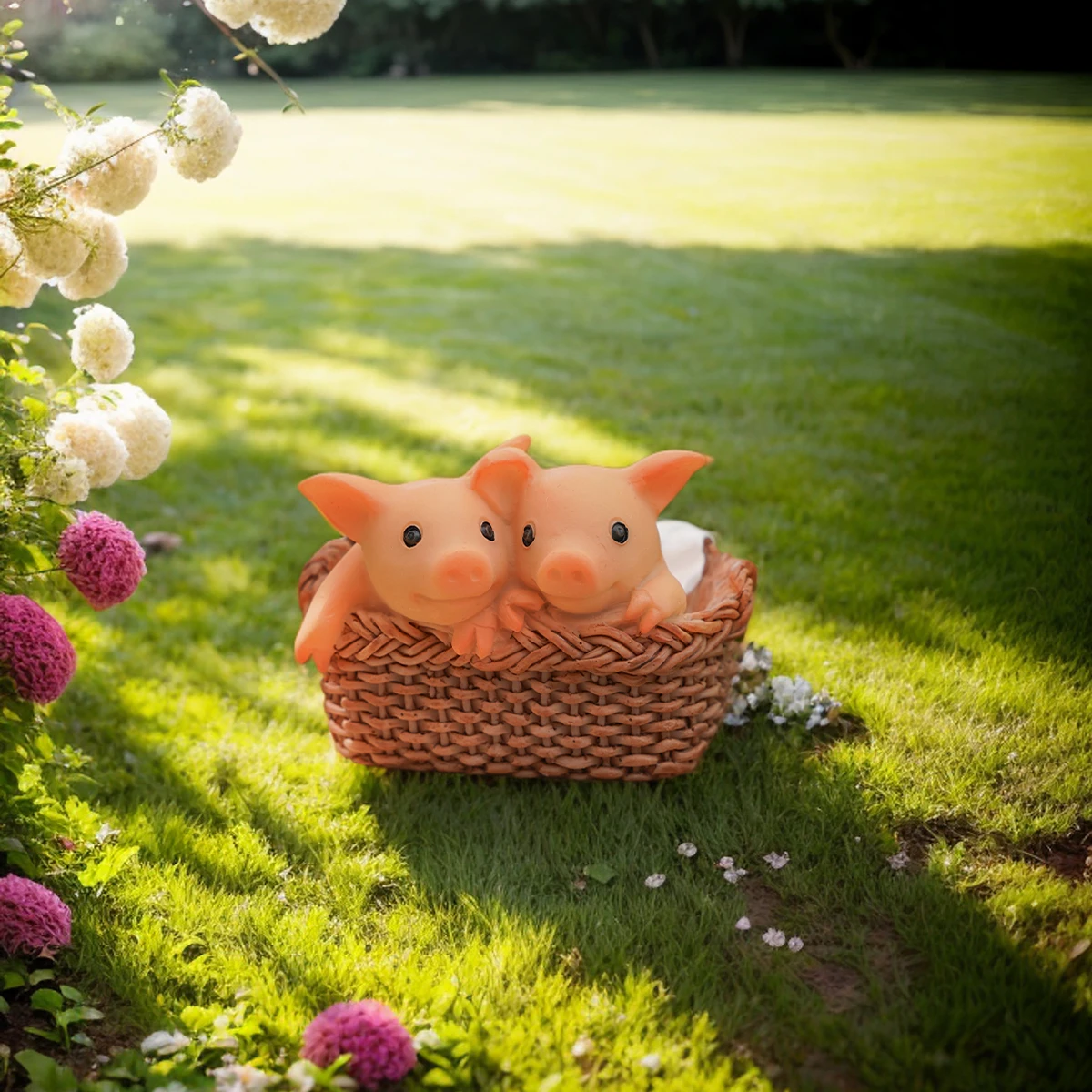 1PC, A Decorative Item in the Shape of Two Cute Little Pigs Lying on a Basket, Suitable for Garden Landscaping and Decoration