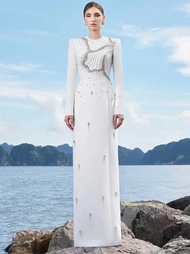 High street mais recente moda 2025 designer feminino manga longa luxuoso cristal diamantes frisado longo maxi vestido