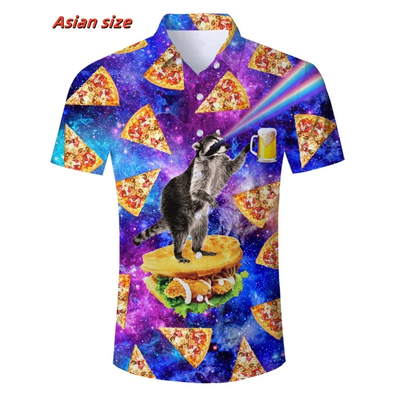 Hamburger pizza Graphic Beach Shirt For Men Colorful Cat Planet 3D Printed Hawaiian Shirts Summer Loose Short Sleeve Blouses