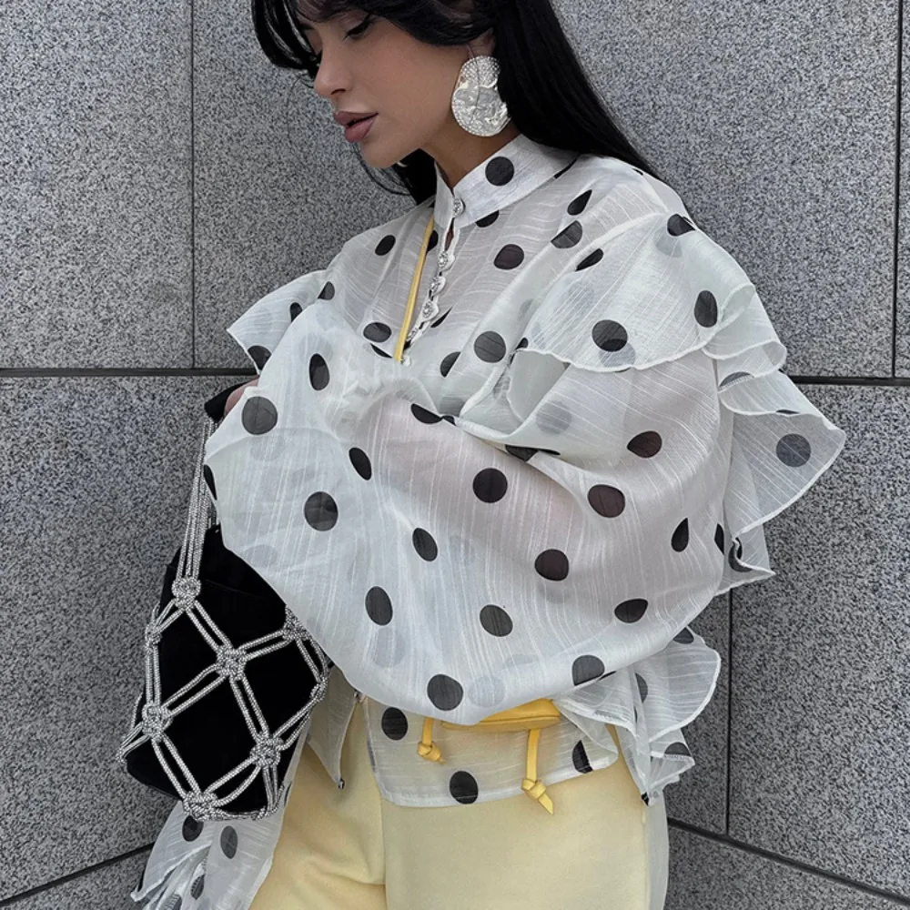 TWOTWINSTYLE French Polka Dot Design Blouses for Women Stand Collar Long Sleeve Spliced Ruffled Vintage Shirt Female Autumn New