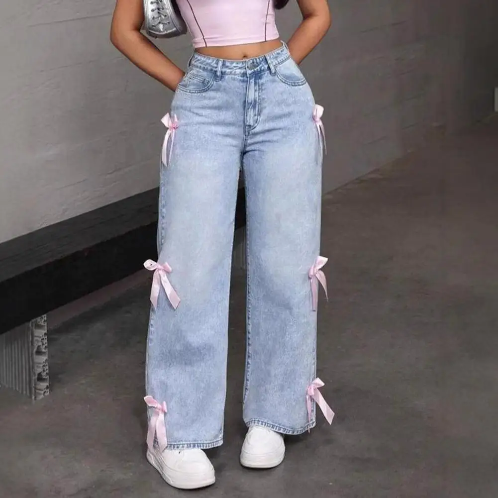 

Button Zipper Wide Leg Pants Casual Baggy Jean Trousers for Women Girls High Waisted Denim Pants with Bow Tie Decoration