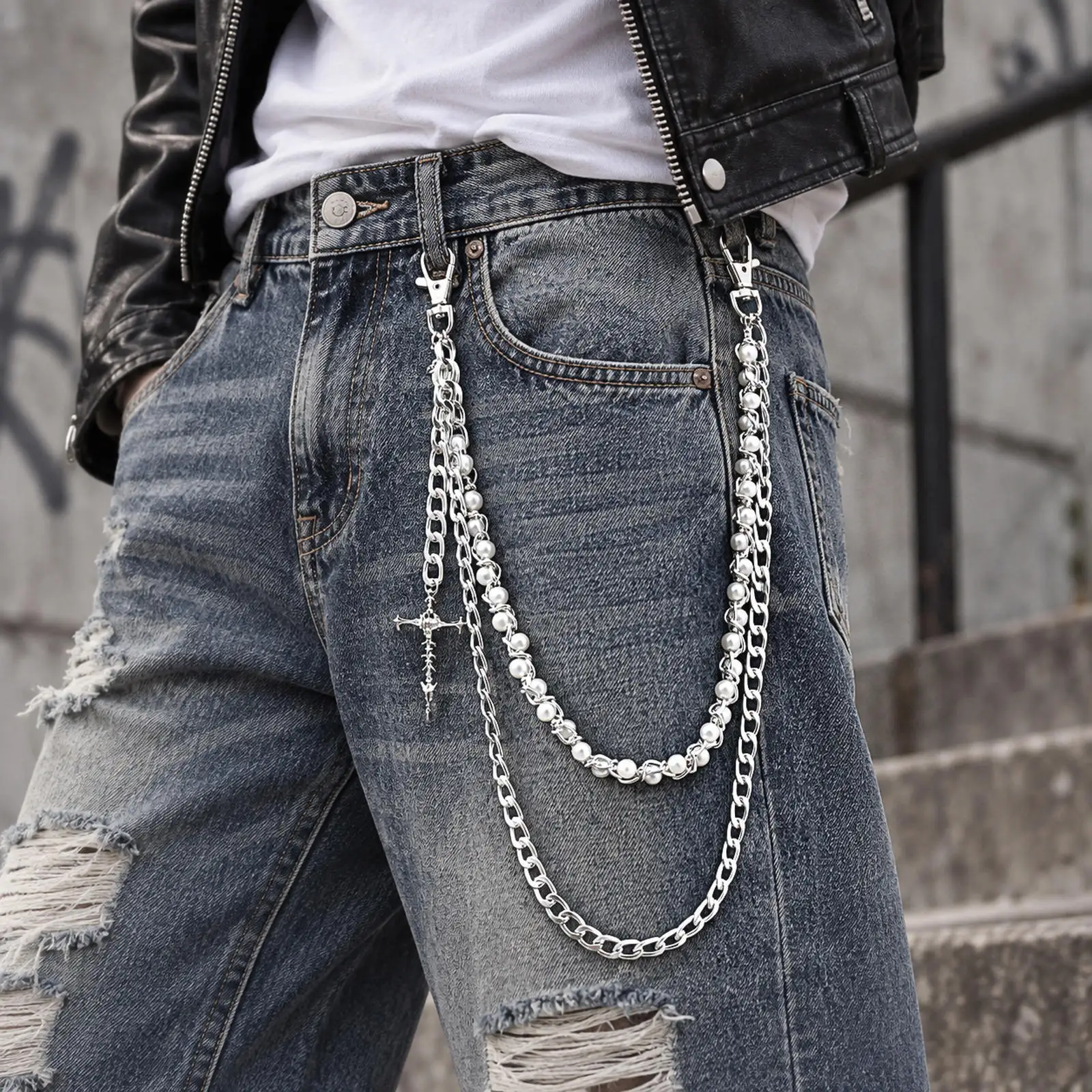 Vnox Men Double Layer Pants Chain, Alloy Imitation Pearl Thorn Cross & Simulated Turquoise Bead Waist Chain, Punk Trouser Chain