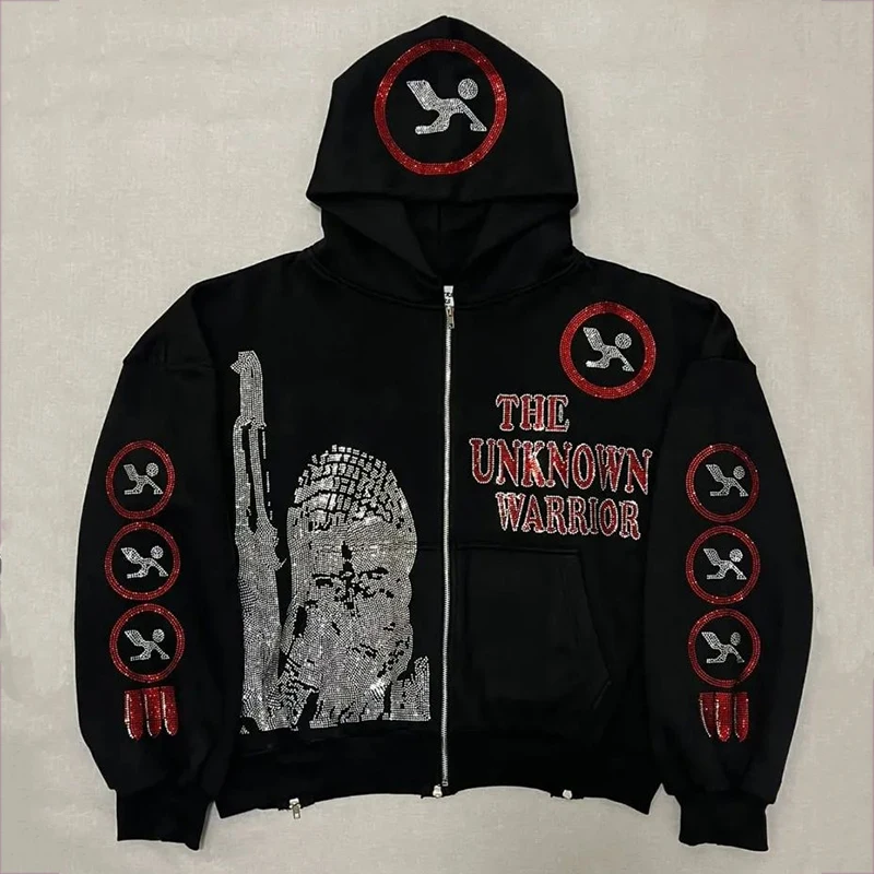 Zip Hoodie Men Y2K Style Trend Clothes Fashion Retro Street Hoodie Cool Rhinestone Pattern Unisex Sweatshirt Zip Black Top
