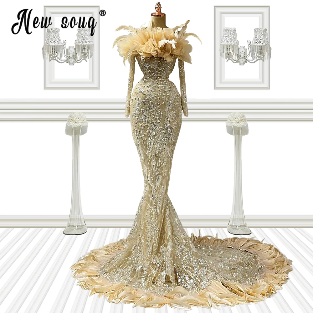 

Aso Ebi Luxury Feather Formal Evening Dress Full Beaded Long Sleeve Prom Party Gown Vestido De Novia Wedding Dresses Custom Made