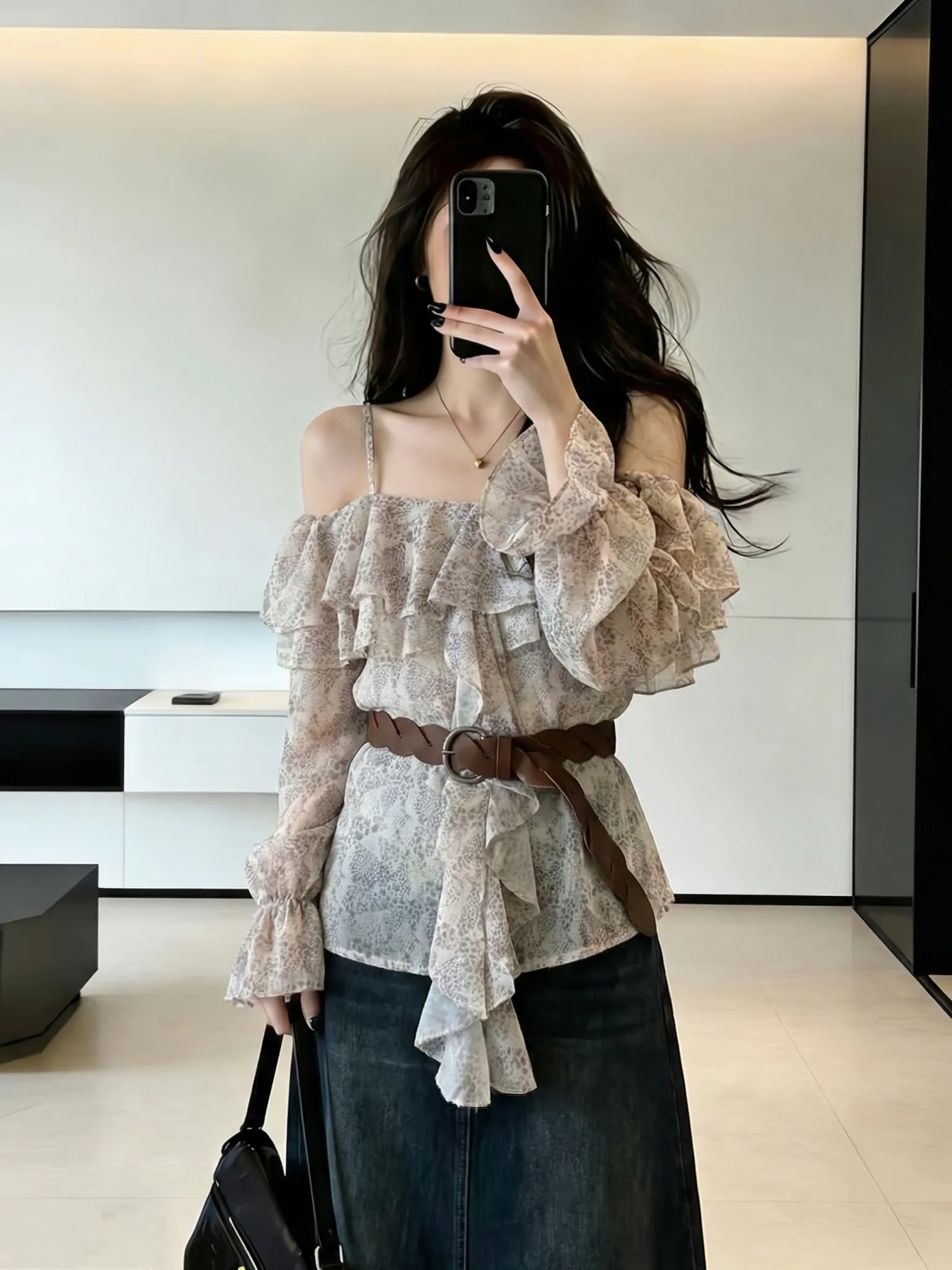 

Floral Print Chiffon Shirt Women's One Shoulder Ruffle Hem Wide Leg Sleeve Slim Fit Top Korean Style Commute Fashion
