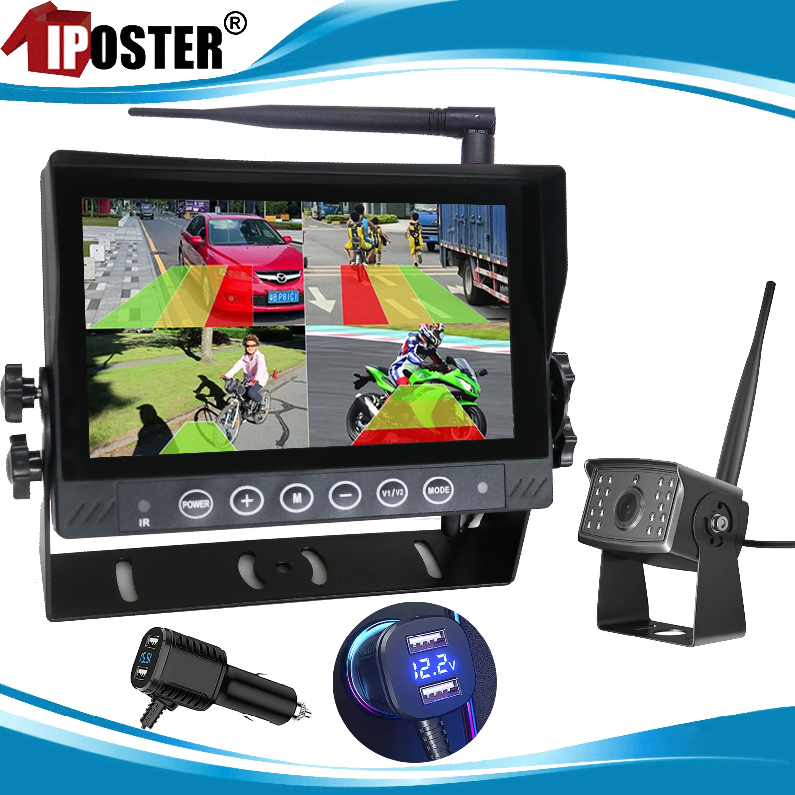 iPoster Digital Wireless 7 Inch DVR Quad Monitor Waterproof Screen BSD AI System IR Reversing Backup Camera For Truck Caravan Rv