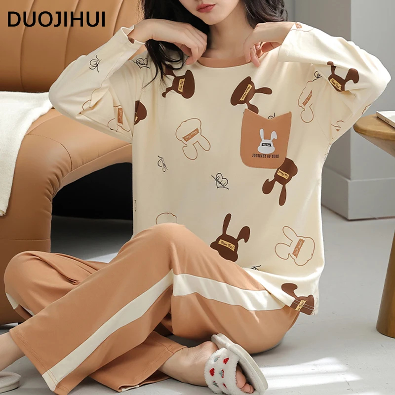 DUOJIHUI Fashion with Chest Pad Simple Pajamas for Women O-neck Pullover Basic Pant Chic Print Contrast Color Female Pajamas Set