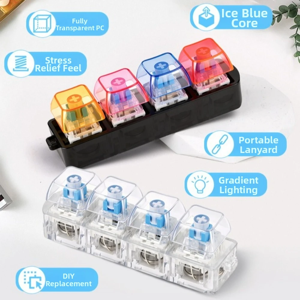 4 Keys LED Keyboard Keychain Transparent with LED Light Mechanical Switch Keyboard Novelty Wear-resistant Light Up Keycap Fidget