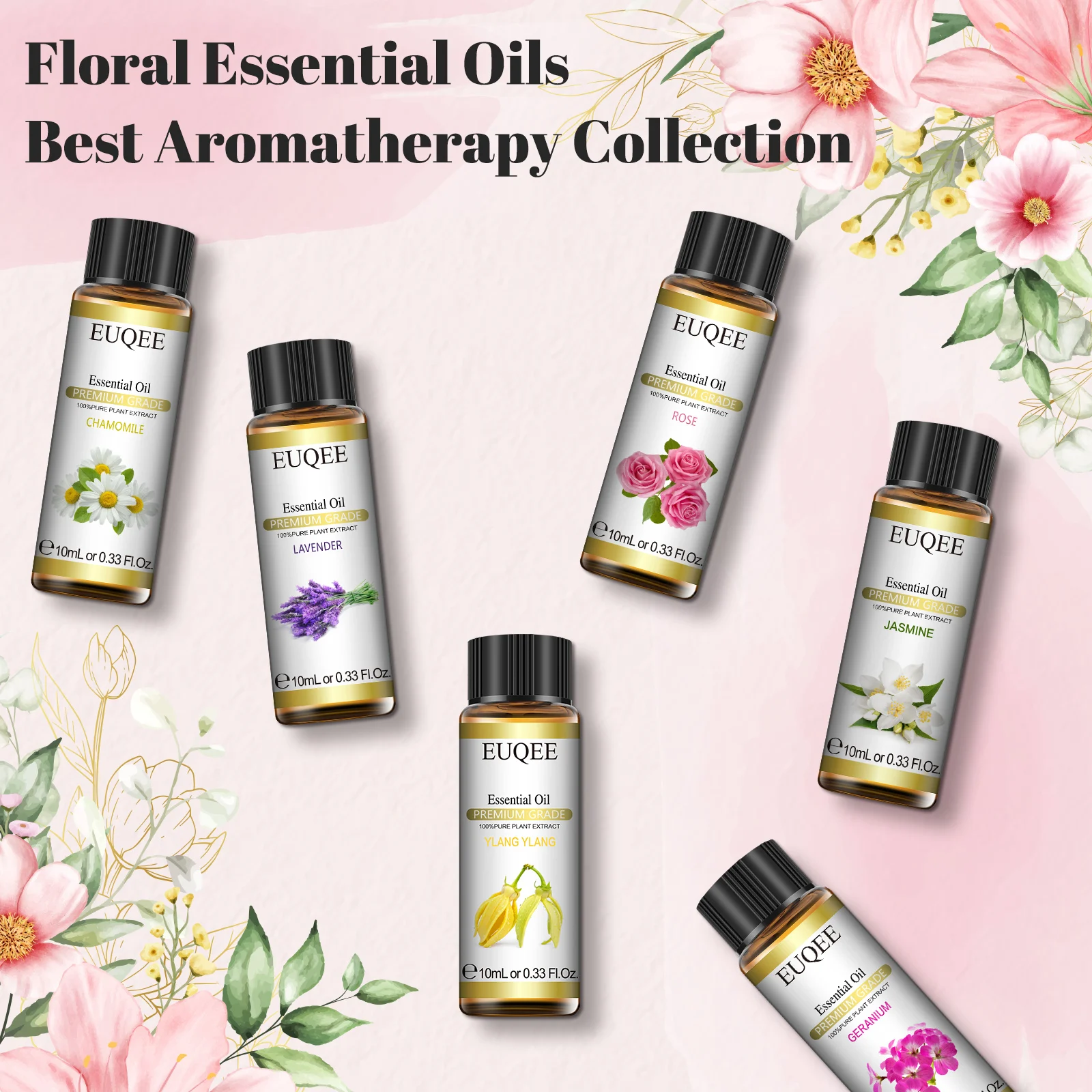 EUQEE Floral Essential Oils Set Of 6 Bottles For Diffuser,Candle Making-Rose Lavender Ylang Ylang Jasmine Geranium Chamomile