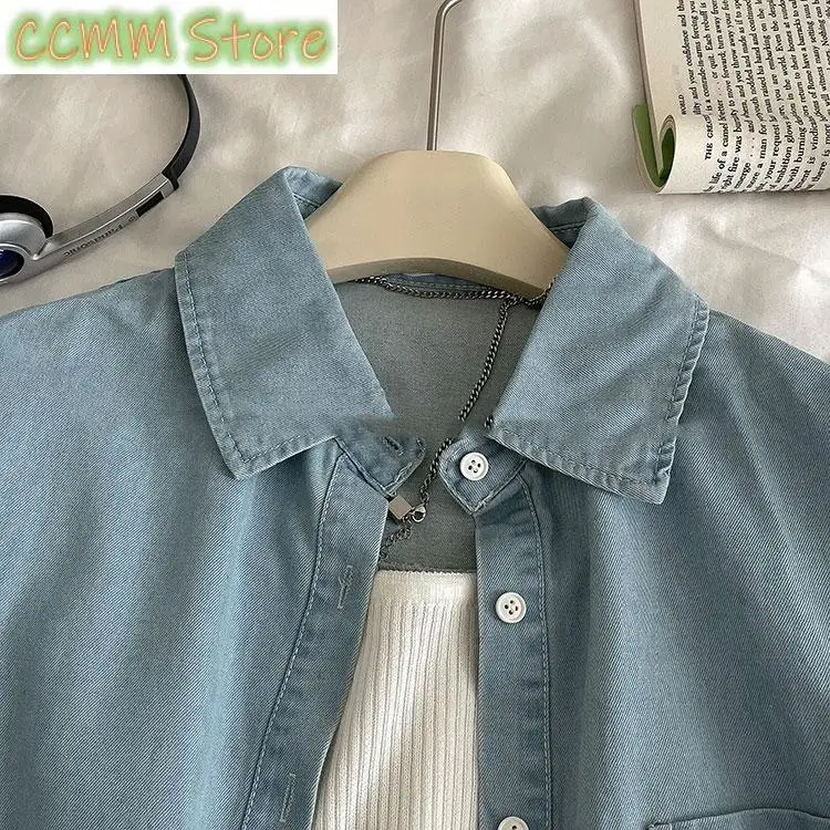 New Vintage Jeans Shirts for Women Korean Oversized Turn Down Collar Blouses Office Ladies Long Sleeve Denim Tops