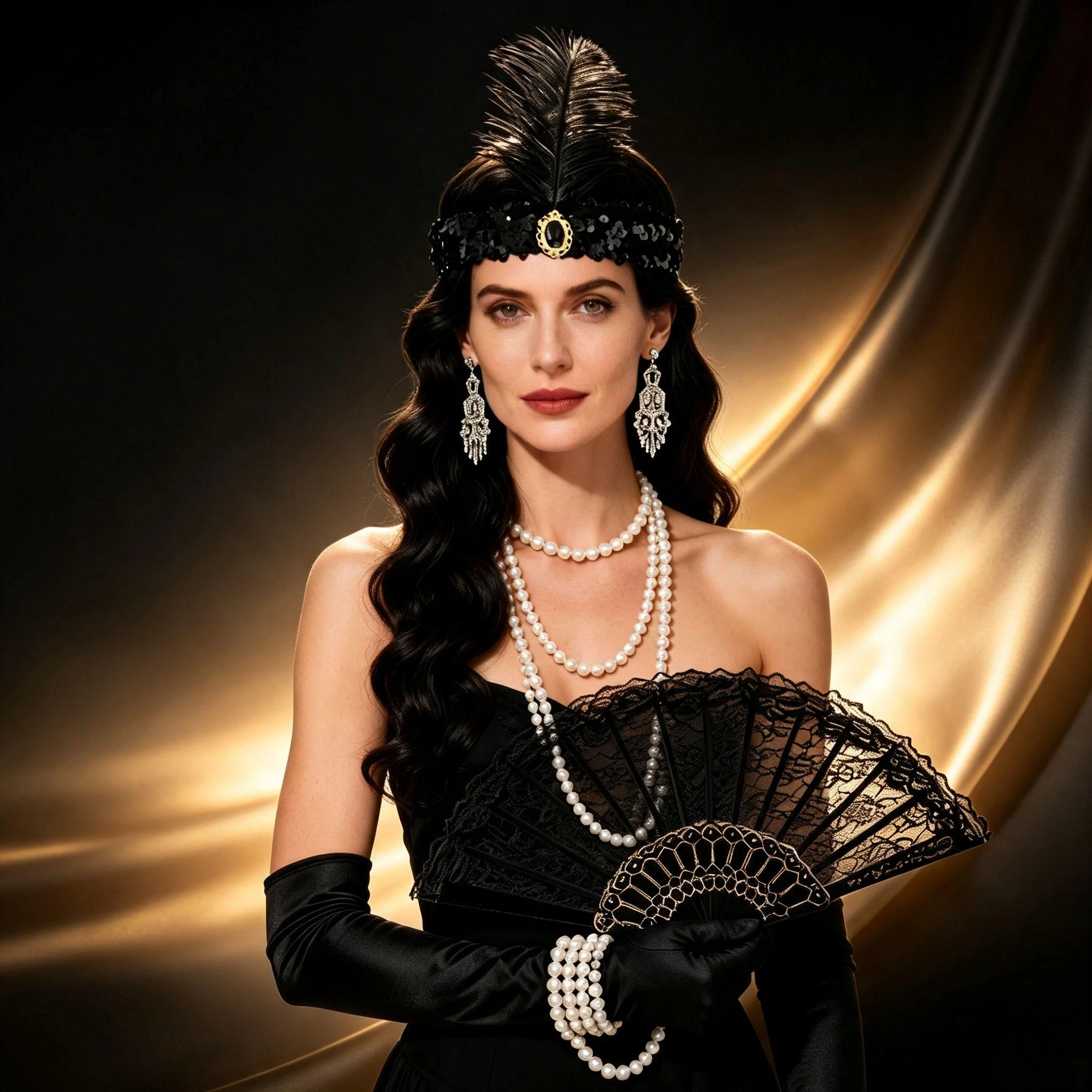PESENAR Vintage 1920s Gatsby Flapper Accessory Kit Feather Headpiece Lace Fan Gloves Pearl Necklace Earrings for Party Cosplay