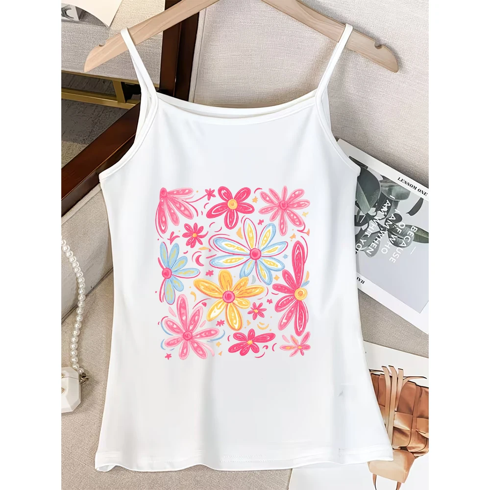 Fun Flower Cami Women Doodle Art Graphic Tank Top Sleeveless Vest Summer Fashion Vibrant Daily Wear Cute Gift Girly Style Top