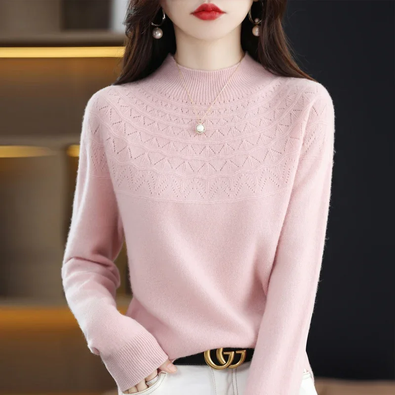 2024 New 100% merino wool semi-turtleneck sweater solid color long-sleeved women's knitted openwork sweater loose pullover