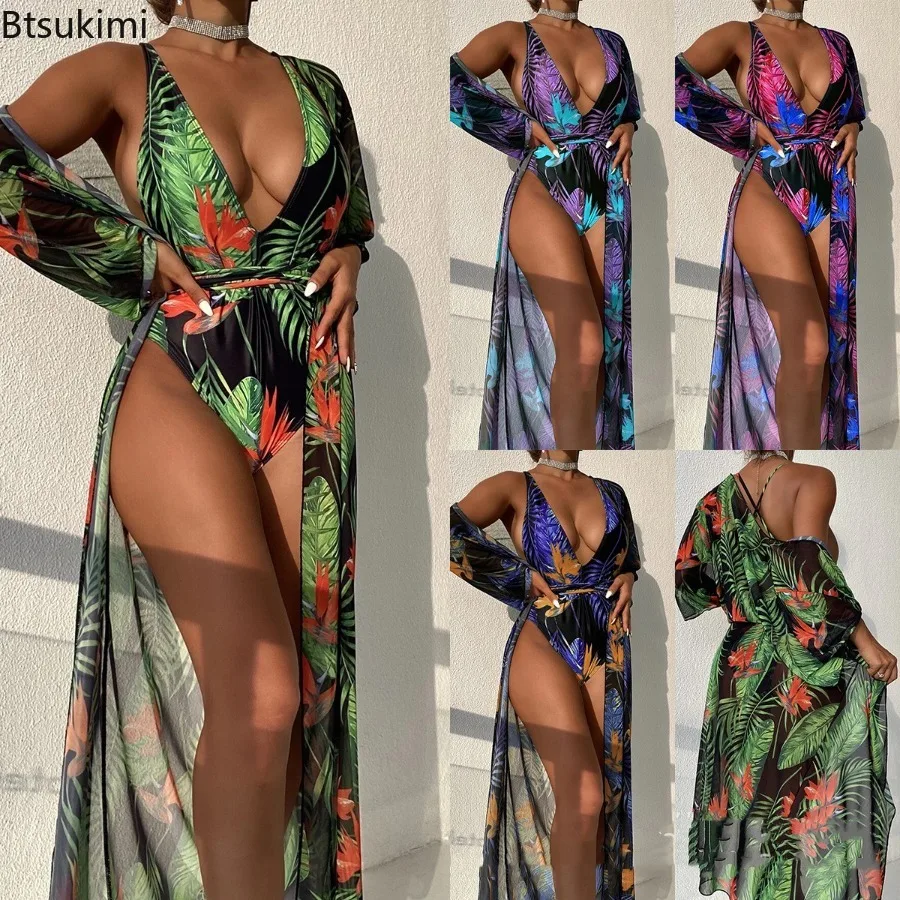 Women's Summer Print Backless Two Piece Bikini Set Women Sexy One Piece Bodysuit&Cover Up Swimsuit Long Sleeve Beachwear Sets
