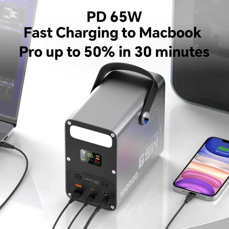 Power Bank 120000mAh Power Station High Capacity Fast Charging PD 65W LiFePO4 Portable Outdoor Generator with DC 12V/3A Output