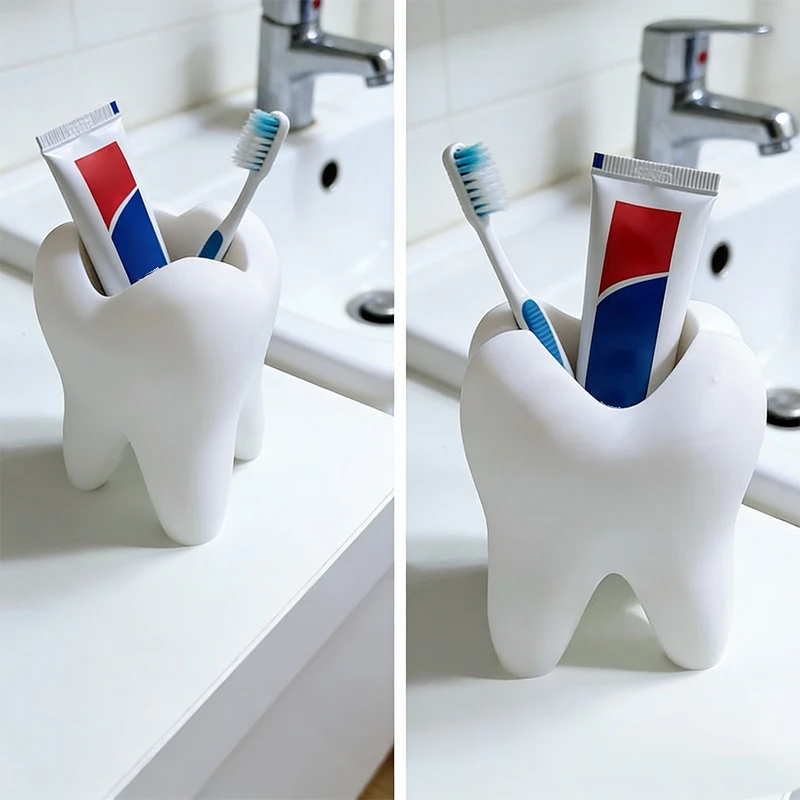 Tooth-Shaped Toothbrush Holder Organizer Pen Holder Plastic Makeup Brush Storage Rack Bathroom Accessories Tool Home Decoration