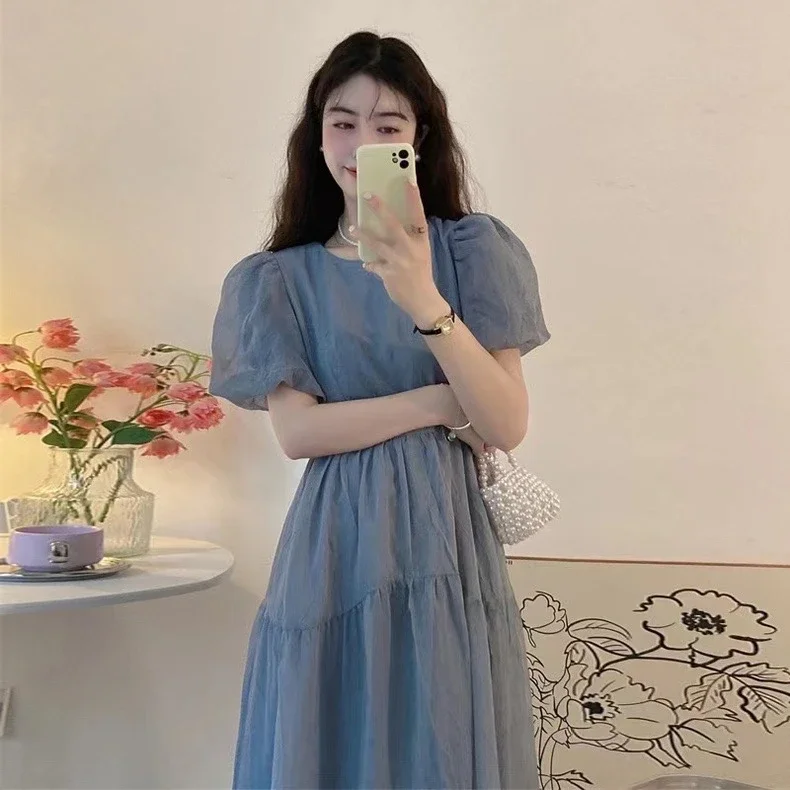 Vestido de gasa con manga abullonada para mujer embarazada, ropa de maternidad de estilo coreano, cintura alta, cuello redondo, vestido de baile ligero, azul y púrpura, Verano