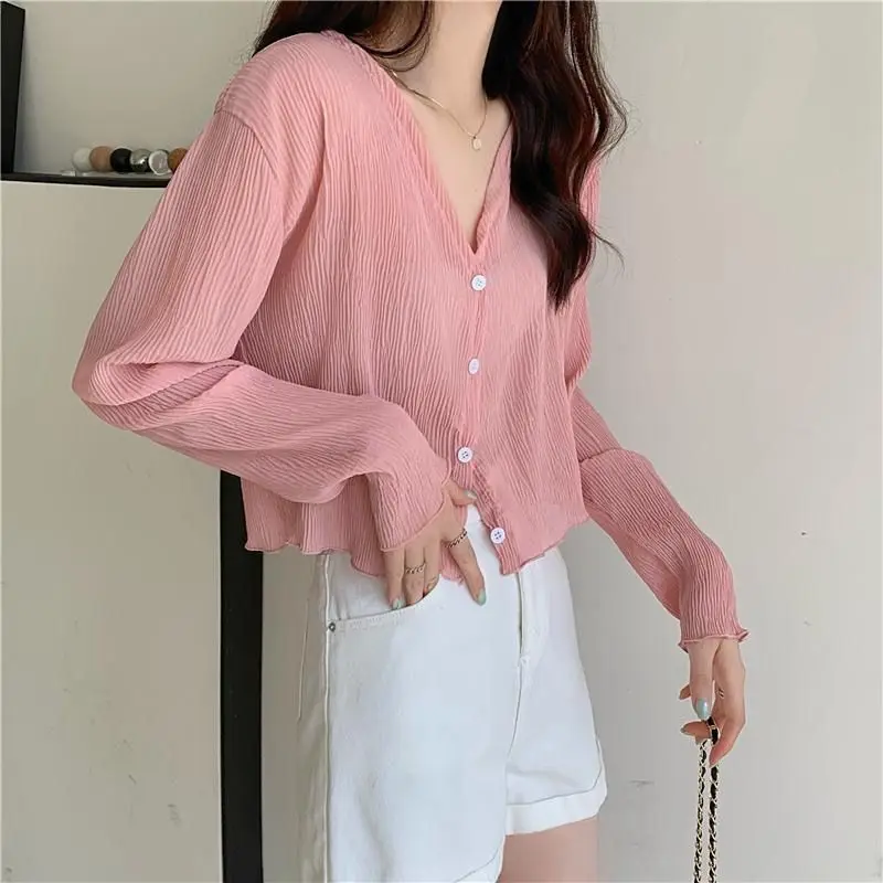 Sun-proof Jackets Women See-through Cropped V-neck Tender Summer Minimalist Vacation Breathable Thin Outwear All-match Fashion