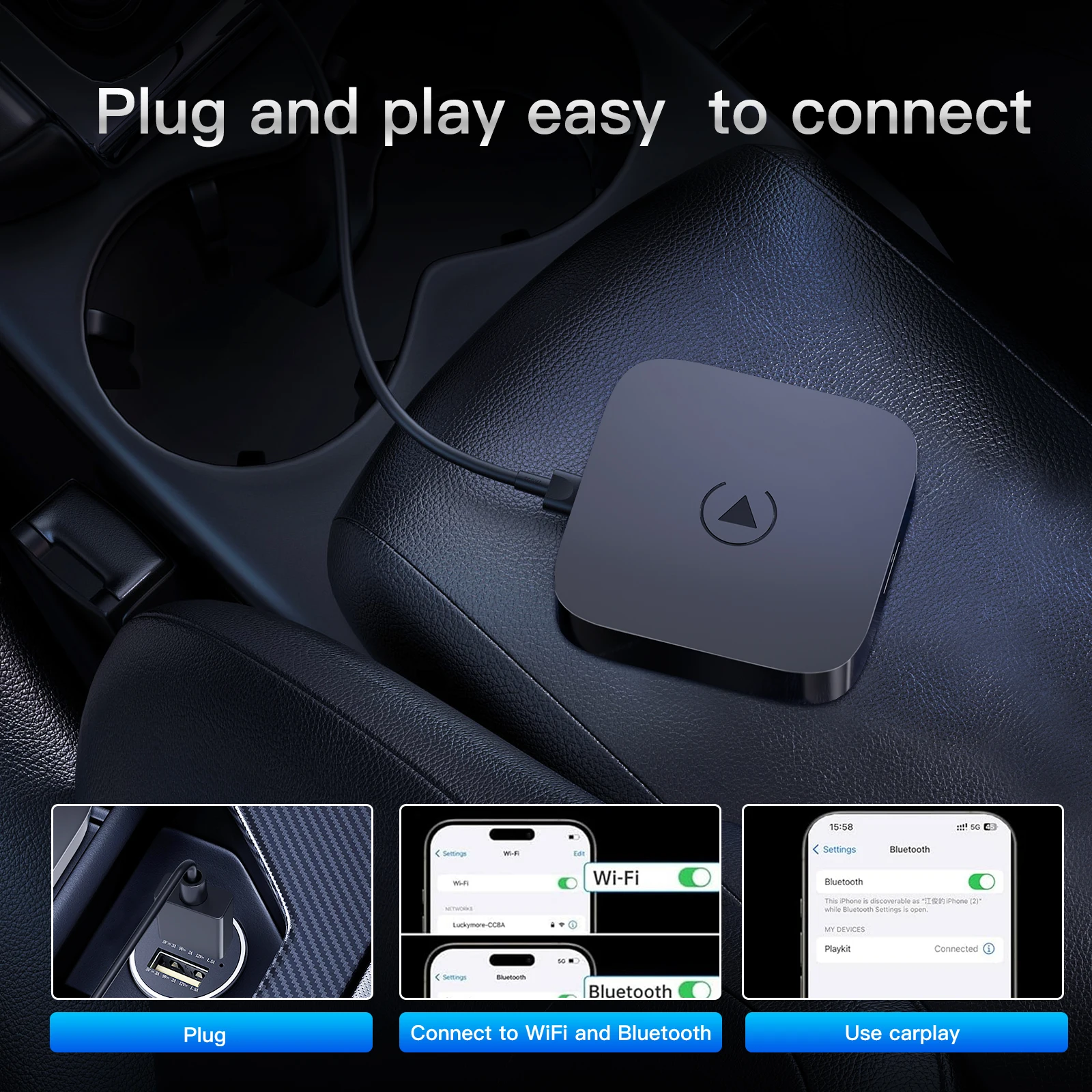 Adaptador sem fio Auto AI Box, Apple CarPlay, Android 12, Smart Youtube, Netflix, TV, Reprodução de carro, todos os OEM, com fio, 2GB, 16GB