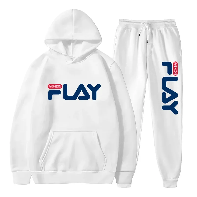 Conjunto de moletom com capuz e calças com estampa de letras para primavera e outono, novo conjunto de roupas esportivas casuais para homens e mulheres