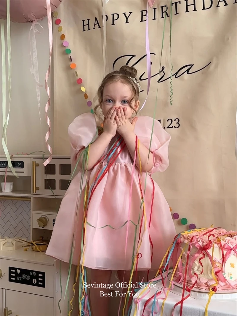 Sevintage Princess Pink Flower Girl Dresses A-Line Puff Sleeves Simple Birthday Dresses For Girls Formal Party Dresses Custom