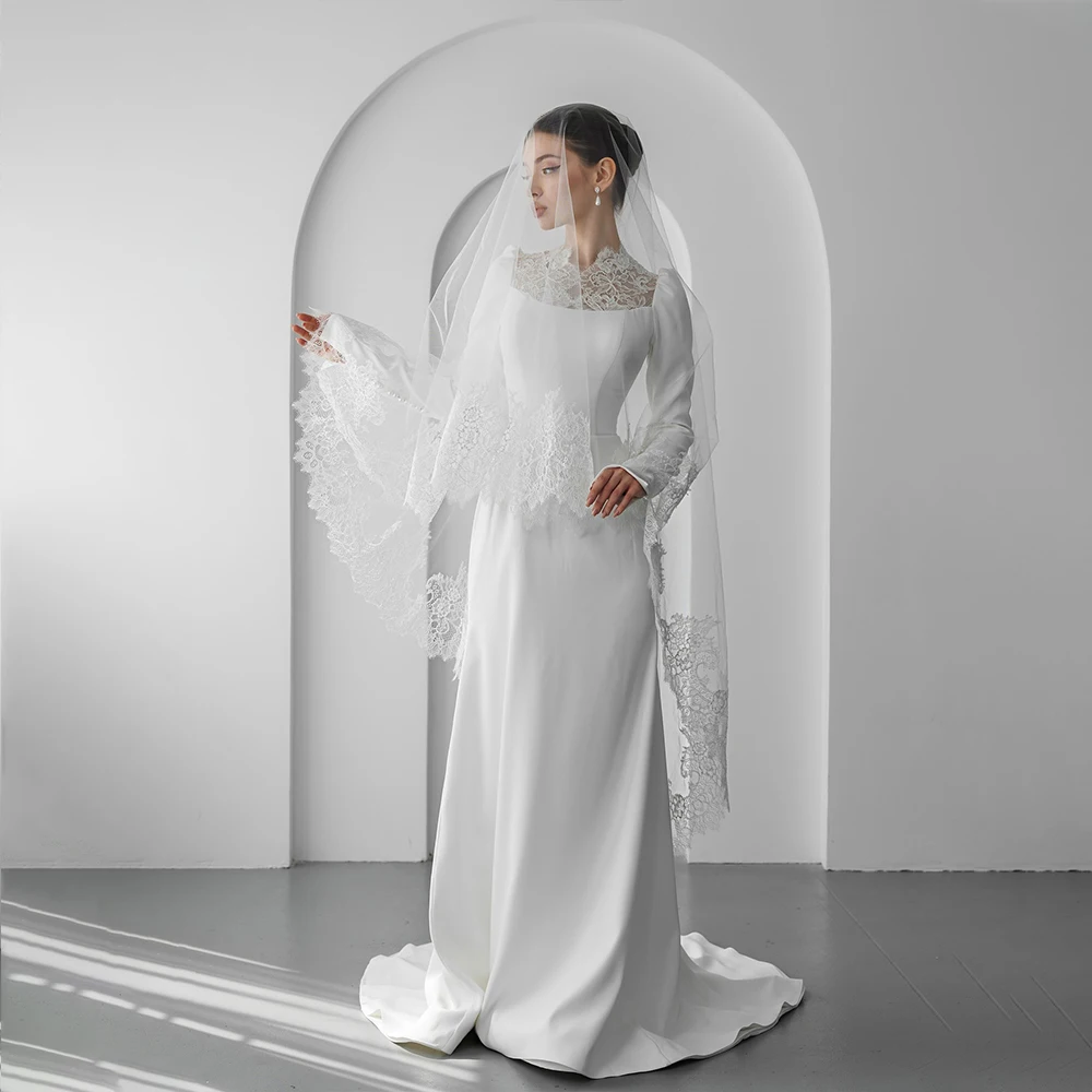 

Exquisite Wedding Dresses High Collar Long Sleeve Mermaid Bride Dress Lace Ruched Beading Bridal Gown Customized robe de mariée