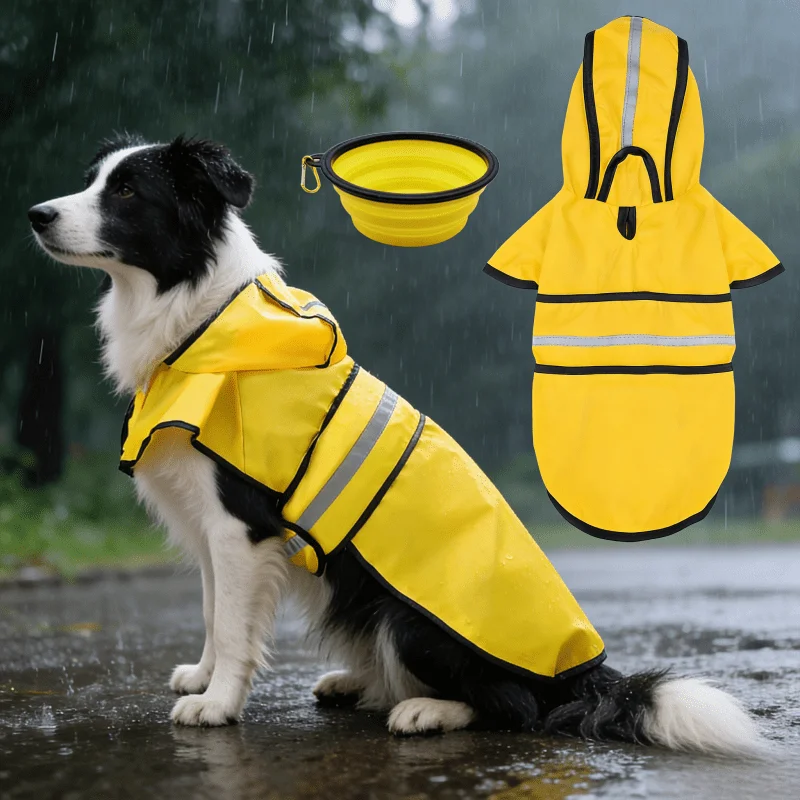 Dog Raincoat Hooded Poncho Collapsible Pet Silicone Dog Food Water Bowl Adjustable Waterproof Reflective Rain Small Large Dogs