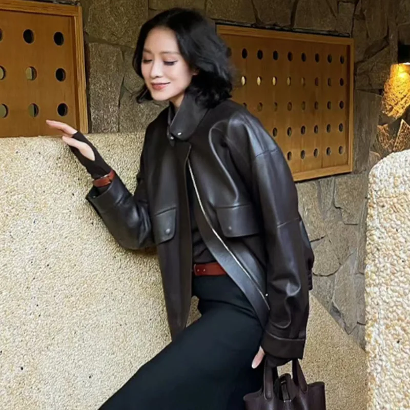 Lederjacke mit Stehkragen ~ Reißverschluss, umweltfreundliche Leder-Fliegerjacke, gerade Röhre, winddichte Lederjacke